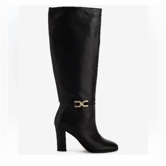 Express Shoes - Express Black Genuine Leather Heeled Boots with Gold Accent